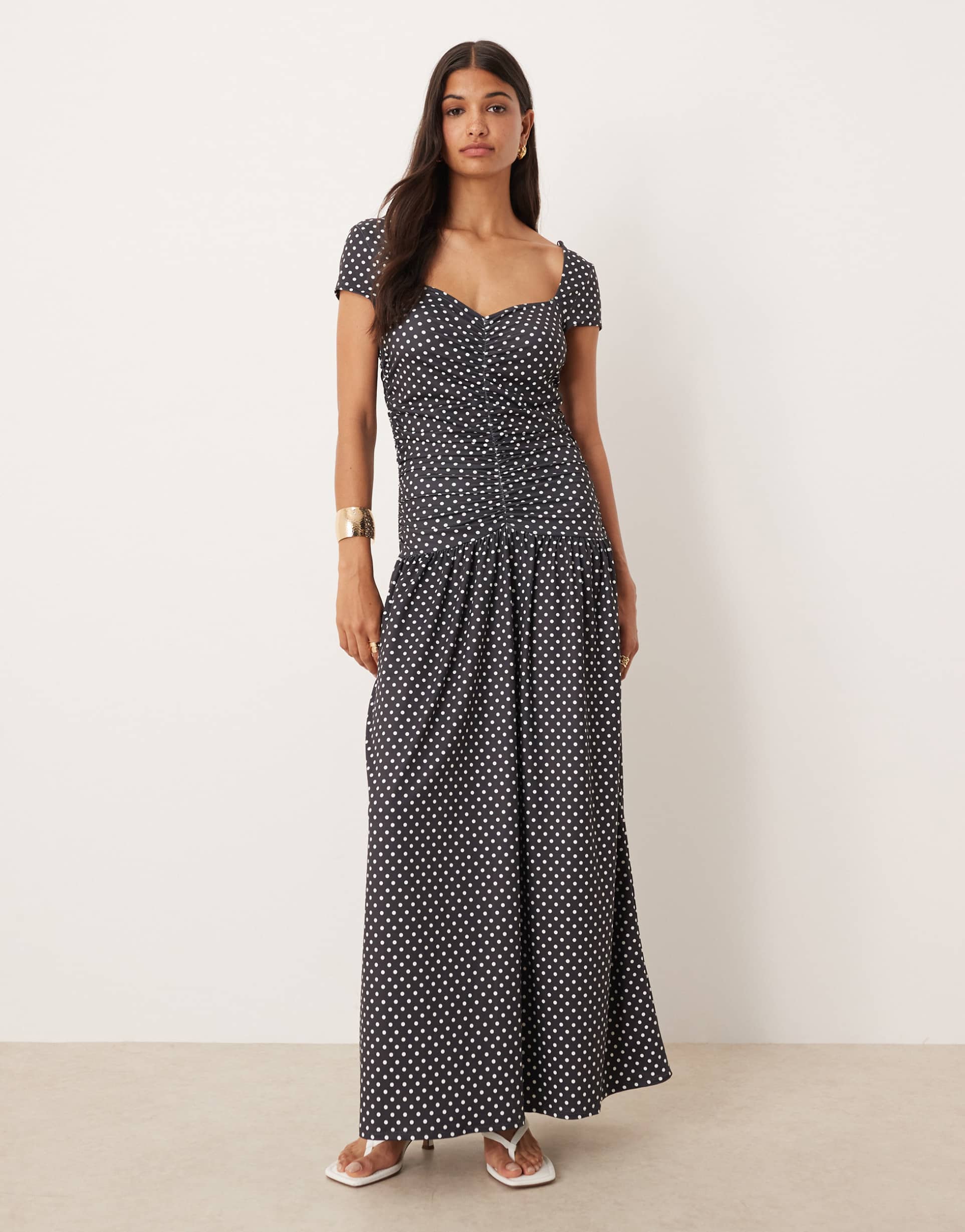 asos design cap sleeve ruched front maxi dress in polka dot