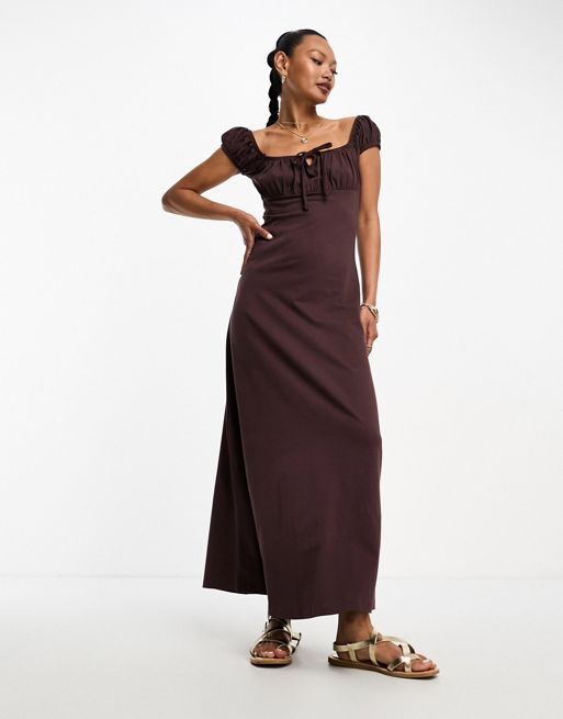 ASOS DESIGN cap sleeve ruched midi dress with tie detail in chocolate