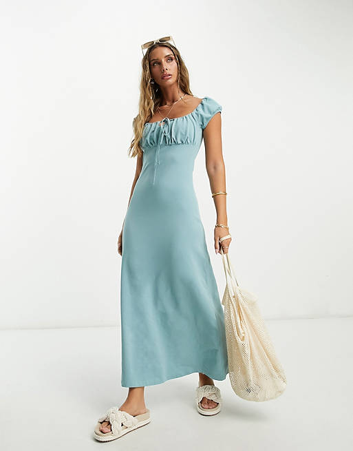 ASOS DESIGN cap sleeve ruched midi tea dress in dusty blue