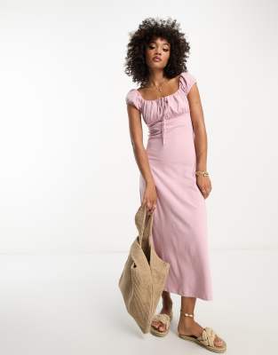 Asos Design Cap Sleeve Ruched Midi Tea Dress In Dusty Pink In Pink