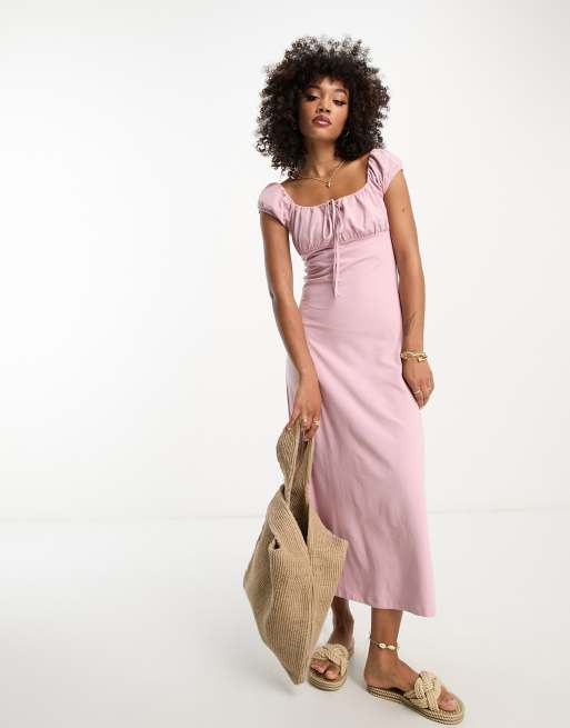 ASOS DESIGN cap sleeve ruched midi tea dress in dusty pink