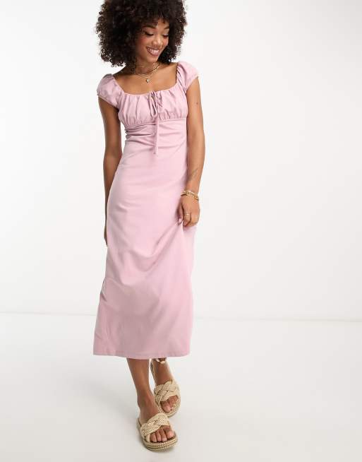 ASOS DESIGN cap sleeve ruched midi tea dress in dusty pink