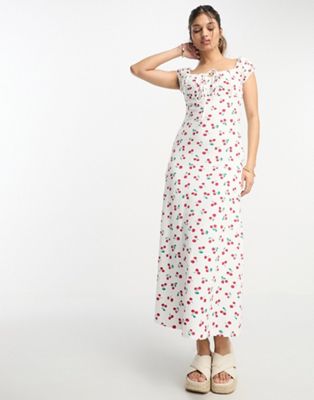 ASOS DESIGN cap sleeve ruched midi tea dress in white cherry print