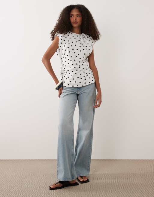 ASOS DESIGN cap sleeve ruched open back top in mono polka dot, 2 of 4