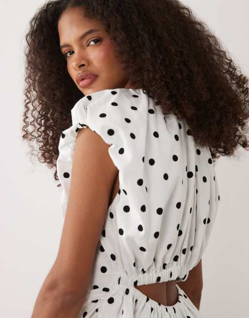 ASOS DESIGN cap sleeve ruched open back top in mono polka dot, 3 of 4