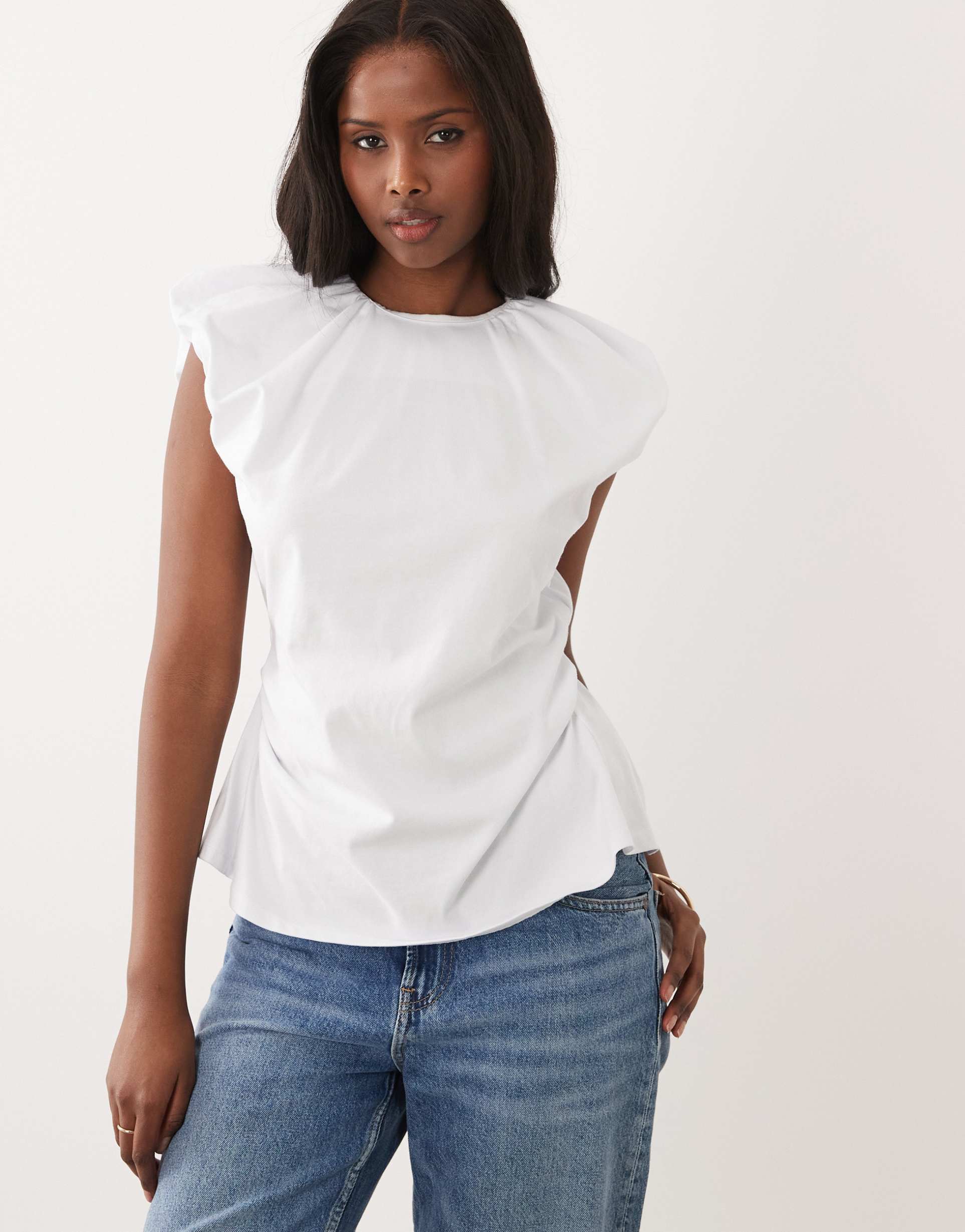 asos design cap sleeve ruched open back top in white