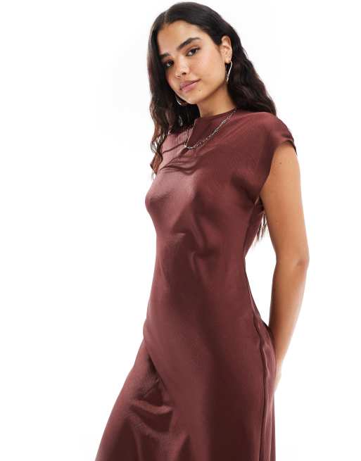 brown satin midi dress with sleeves Brown Flowy Sleeve Surplice Back Tie Pleated Dress – PinkBlush main image 0