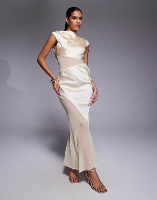 Asos Design Cap Sleeve Satin Midi Dress With Sheer Chiffon Panels In Yellow