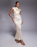 [ASOS DESIGN] ASOS DESIGN cap sleeve satin midi dress with sheer chiffon panels in buttermilk-Yellow 10 Buttermilk
