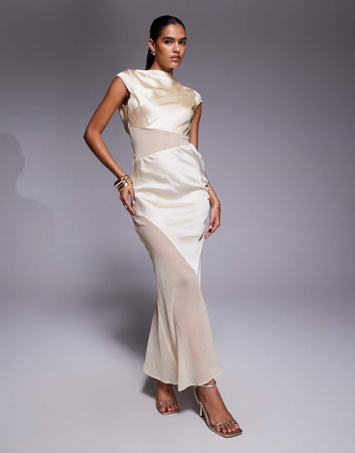 ASOS DESIGN cap sleeve satin midi dress with sheer chiffon panels in buttermilk