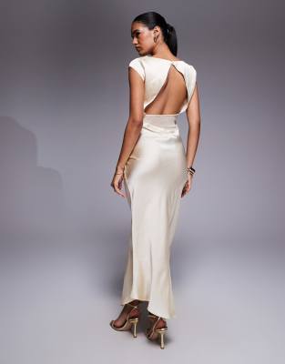 Asos Design Cap Sleeve Satin Midi Dress With Sheer Chiffon Panels In Yellow