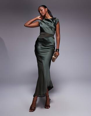 Asos Design Cap Sleeve Satin Midi Dress With Sheer Chiffon Panels In Green
