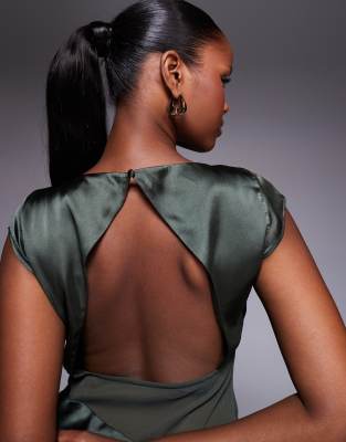 Asos Design Cap Sleeve Satin Midi Dress With Sheer Chiffon Panels In Green