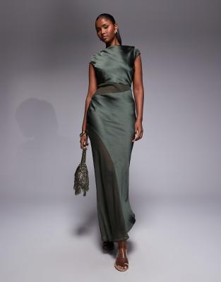 Asos Design Cap Sleeve Satin Midi Dress With Sheer Chiffon Panels In Green
