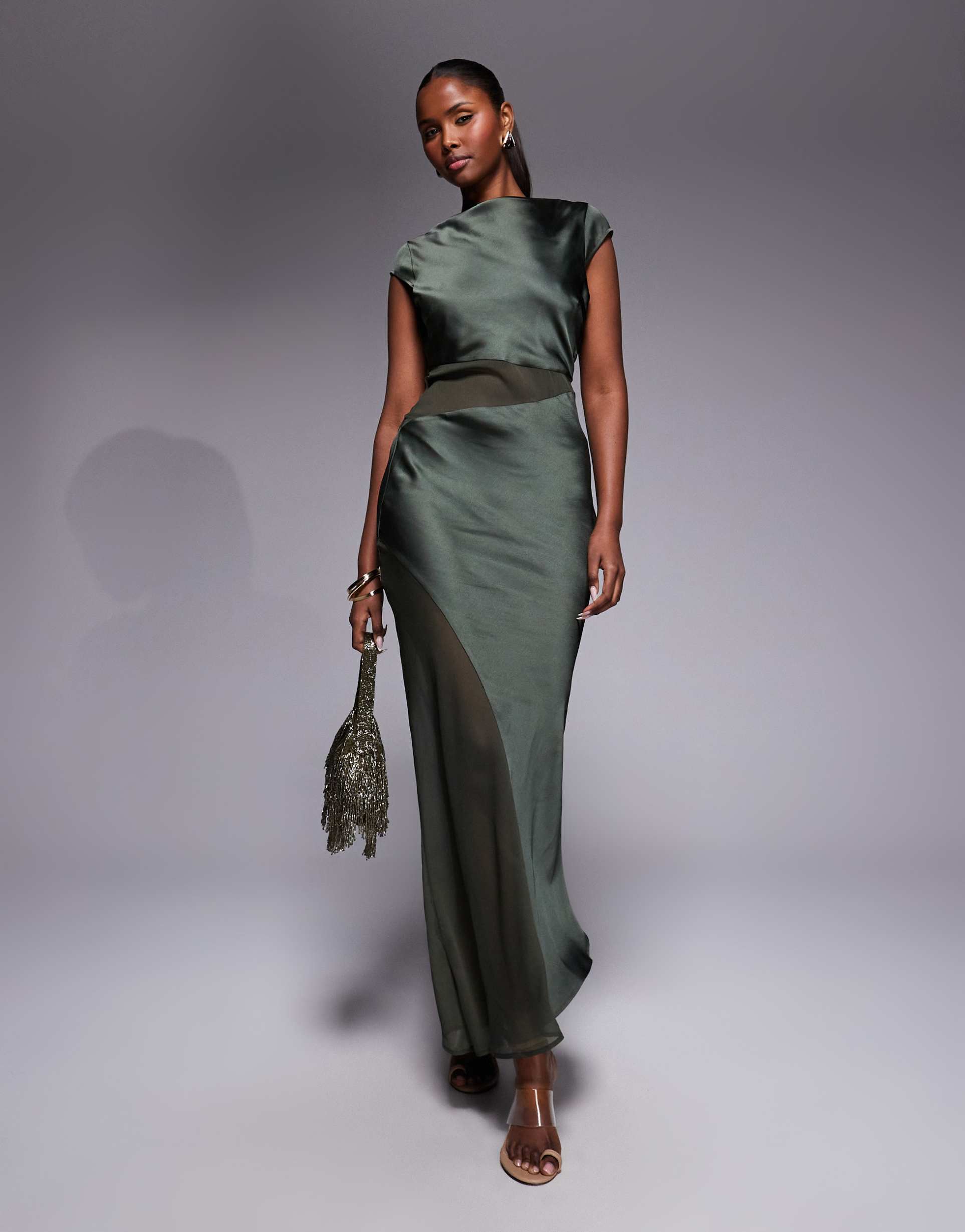 asos design cap sleeve satin midi dress with sheer chiffon panels in khaki green