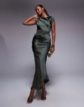 [ASOS DESIGN] ASOS DESIGN cap sleeve satin midi dress with sheer chiffon panels in khaki-Green 16 Khaki