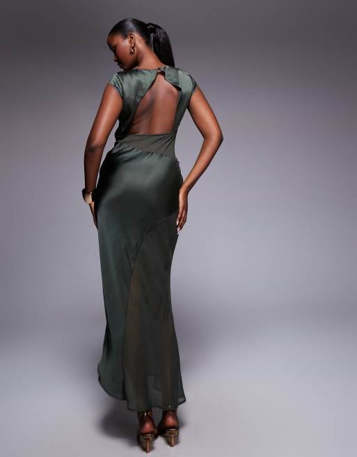 ASOS DESIGN cap sleeve satin midi dress with sheer chiffon panels in khaki, 4 of 4