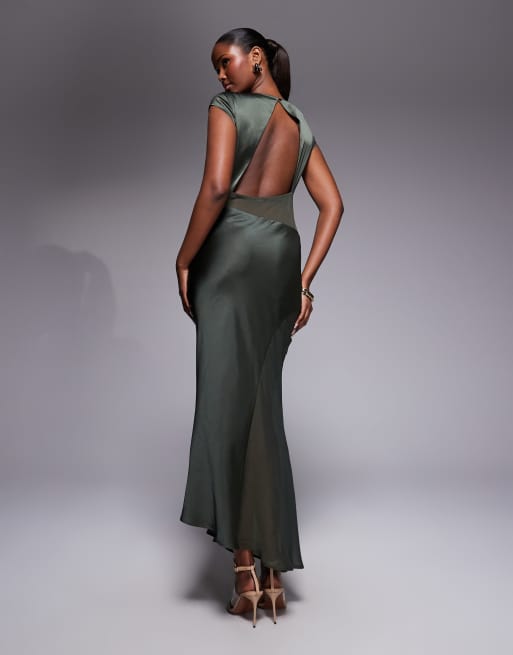 ASOS DESIGN cap sleeve satin midi dress with sheer chiffon panels in khaki, 3 of 4