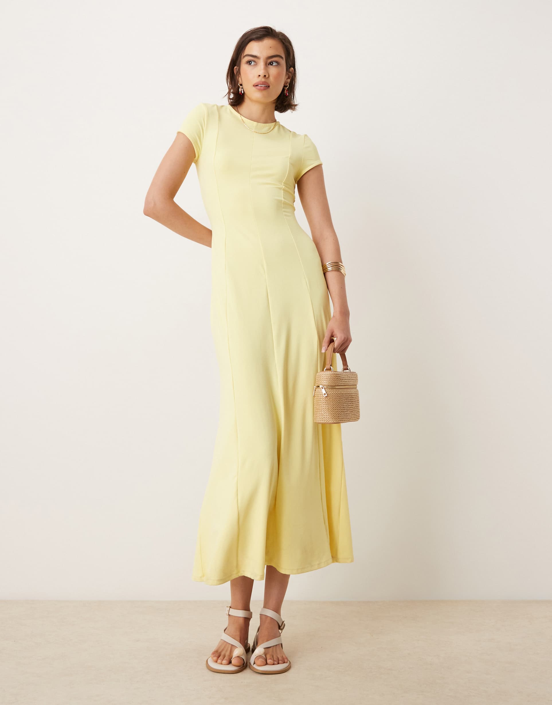 asos design cap sleeve seam detail midi dress in yellow