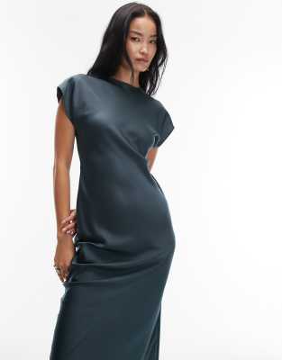 Asos Design Cap Sleeve Seam Detail Satin Maxi Slip Dress In Blue