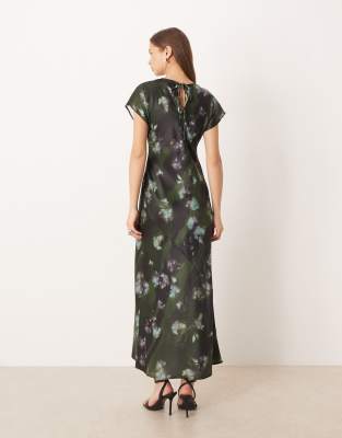 Asos Design Cap Sleeve Seam Detail Satin Slip Maxi Dress In Green