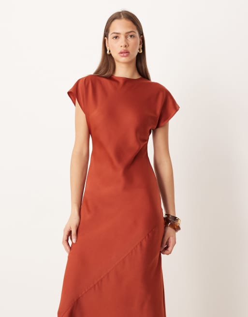 ASOS DESIGN cap sleeve seam detail satin slip maxi dress in rust, 3 of 4