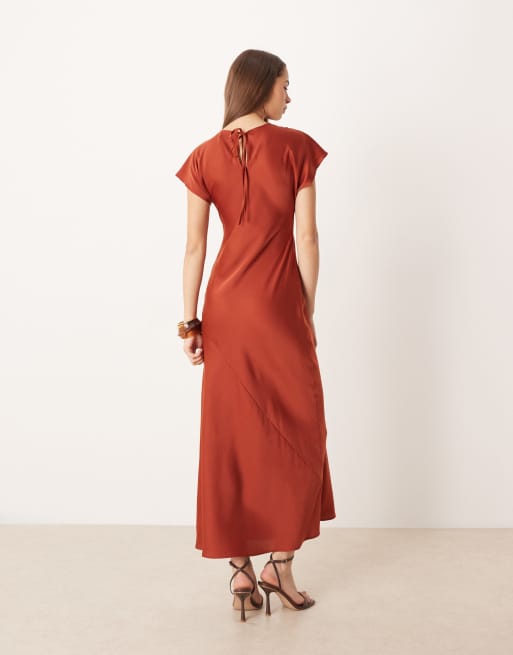 ASOS DESIGN cap sleeve seam detail satin slip maxi dress in rust, 4 of 4