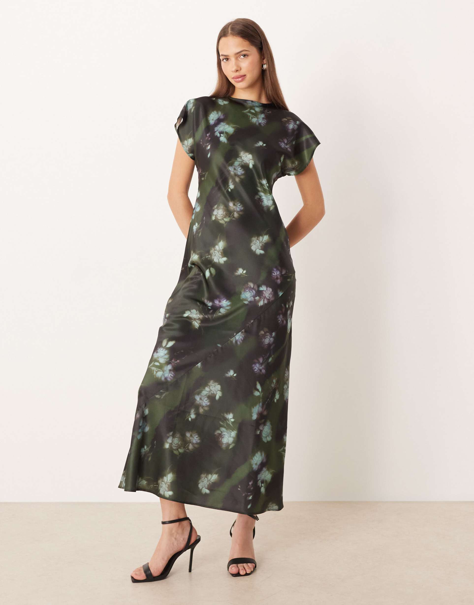 asos design cap sleeve seam detailing satin midaxi slip dress in green blurred floral