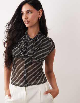 ASOS DESIGN cap sleeve sheer shirt with neck tie detail in stripe-Multi