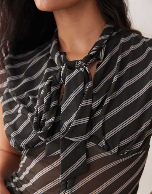 ASOS DESIGN cap sleeve sheer shirt with neck tie detail in stripes, 3 of 4