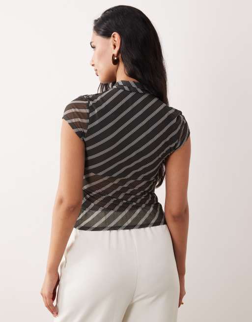 ASOS DESIGN cap sleeve sheer shirt with neck tie detail in stripes, 4 of 4