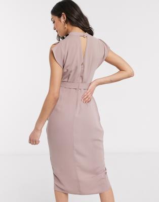 asos design split cap sleeve midi pencil dress with buckle