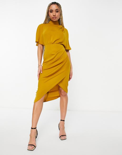 ASOS DESIGN cap sleeve split sleeve midi wrap front dress in mustard