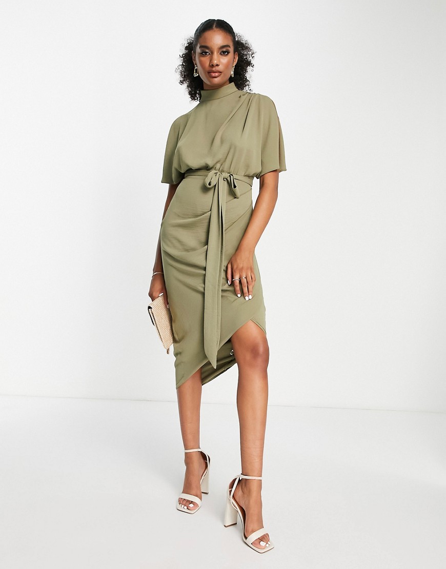 ASOS DESIGN cap sleeve split sleeve midi wrap front dress in olive-Green