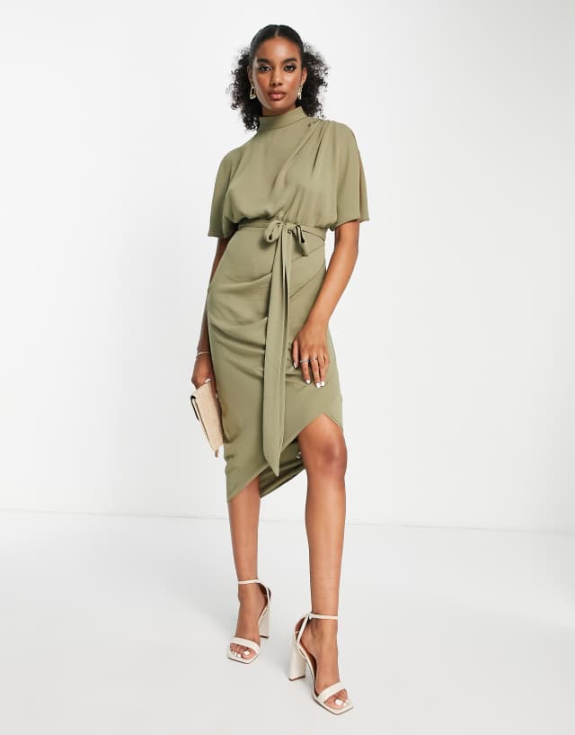 ASOS DESIGN cap sleeve split sleeve midi wrap front dress in olive