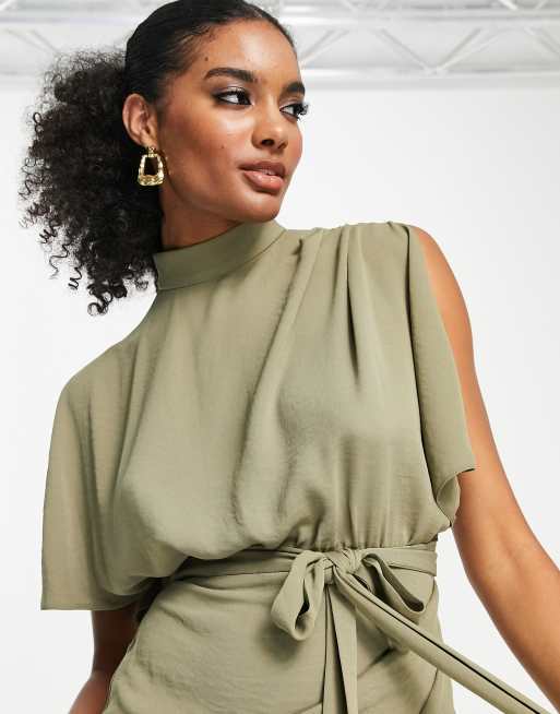 ASOS DESIGN cap sleeve split sleeve midi wrap front dress in olive