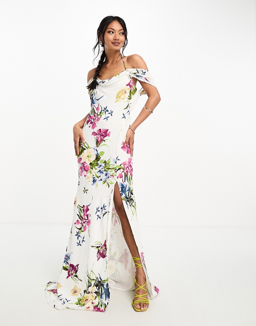 ASOS DESIGN cap sleeve strappy open back bias maxi dress in white based floral print-Multi