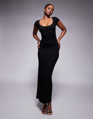 Asos Design Cap Sleeve Super Scoop Neck Midi Dress In Black
