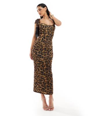 Asos Design Cap Sleeve Sweetheart Neck Midi Dress In Leopard Print-multi