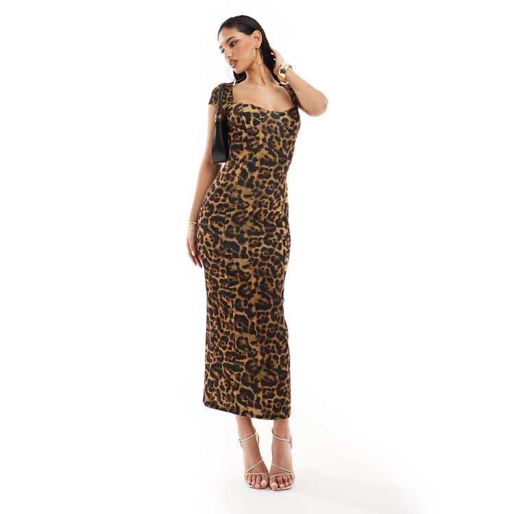 ASOS DESIGN cap sleeve sweetheart neck midi dress in leopard print