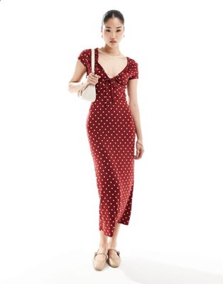 Asos Design Cap Sleeve Tie Front Midi Tea Dress In Burgundy Polka Dot-multi
