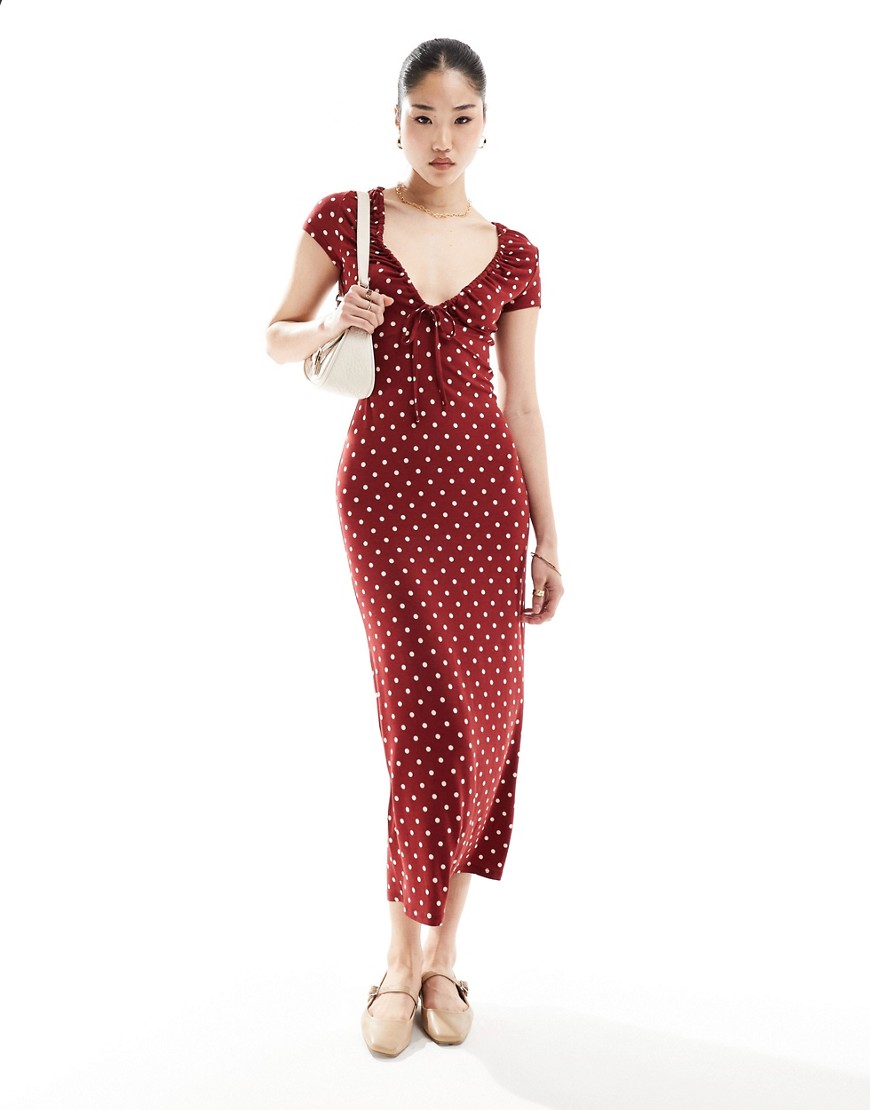 ASOS DESIGN cap sleeve tie front midi tea dress in burgundy polka dot-Multi