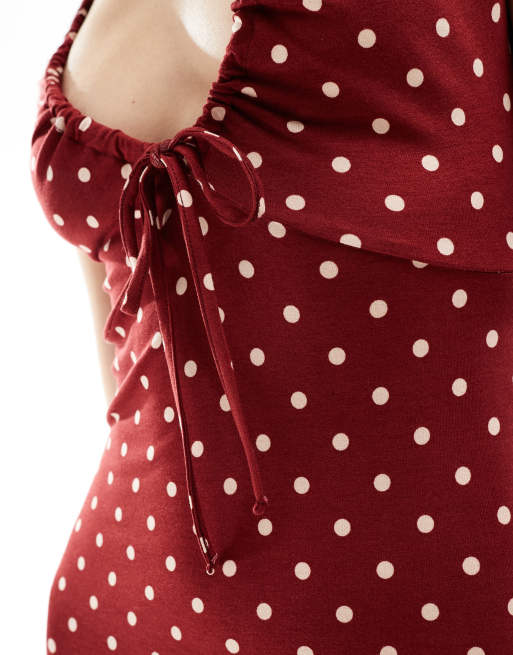 ASOS DESIGN cap sleeve tie front midi tea dress in burgundy polka dot