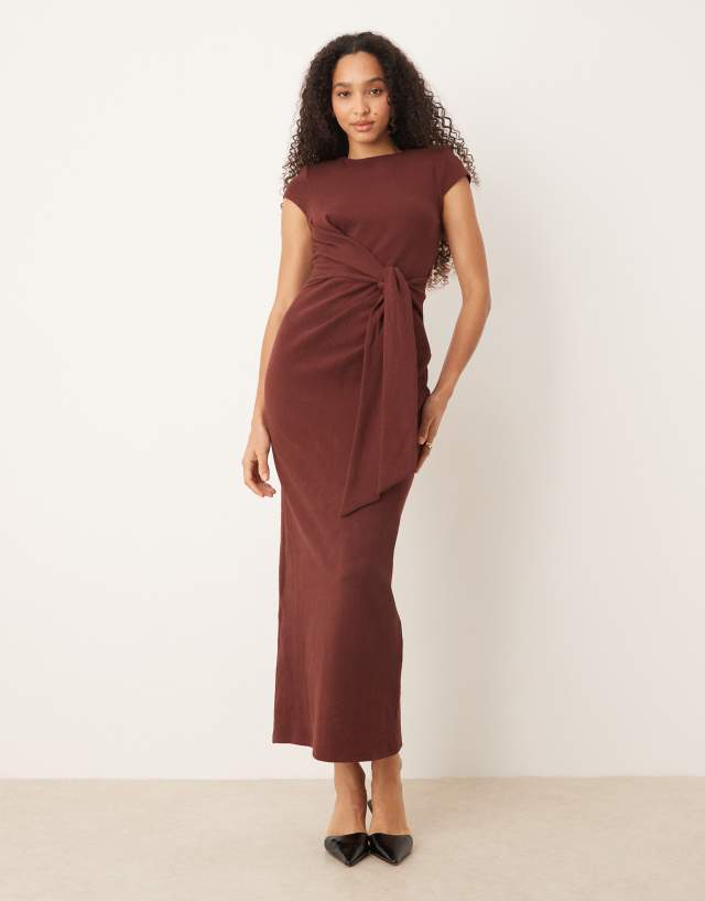 ASOS DESIGN cap sleeve tie side midi dress in brown