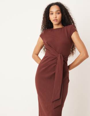 Asos Design Cap Sleeve Tie Side Midi Dress In Brown
