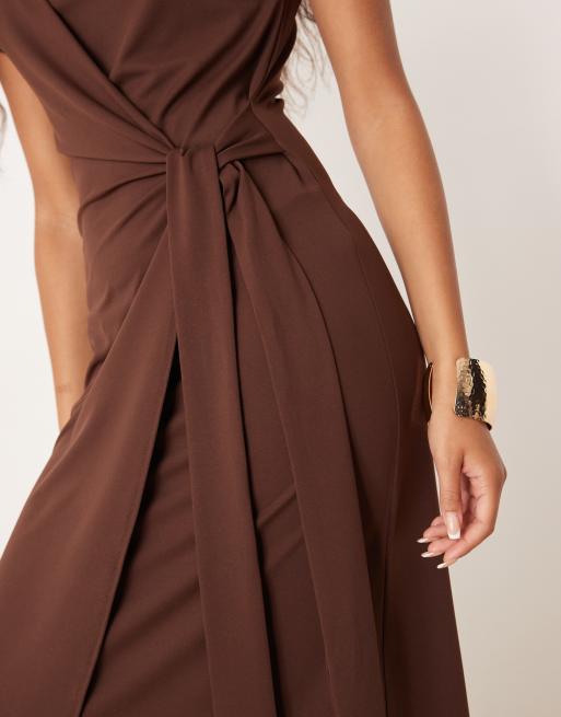 ASOS DESIGN cap sleeve tie wrap front maxi dress in chocolate