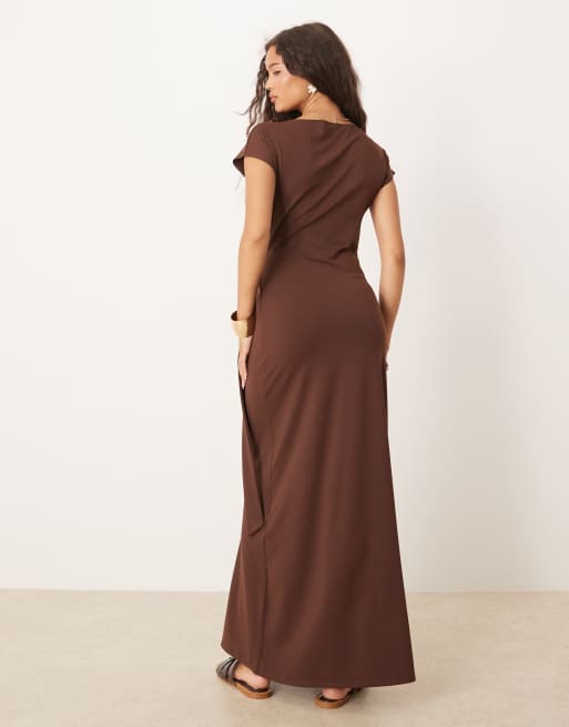 ASOS DESIGN cap sleeve tie wrap front maxi dress in chocolate