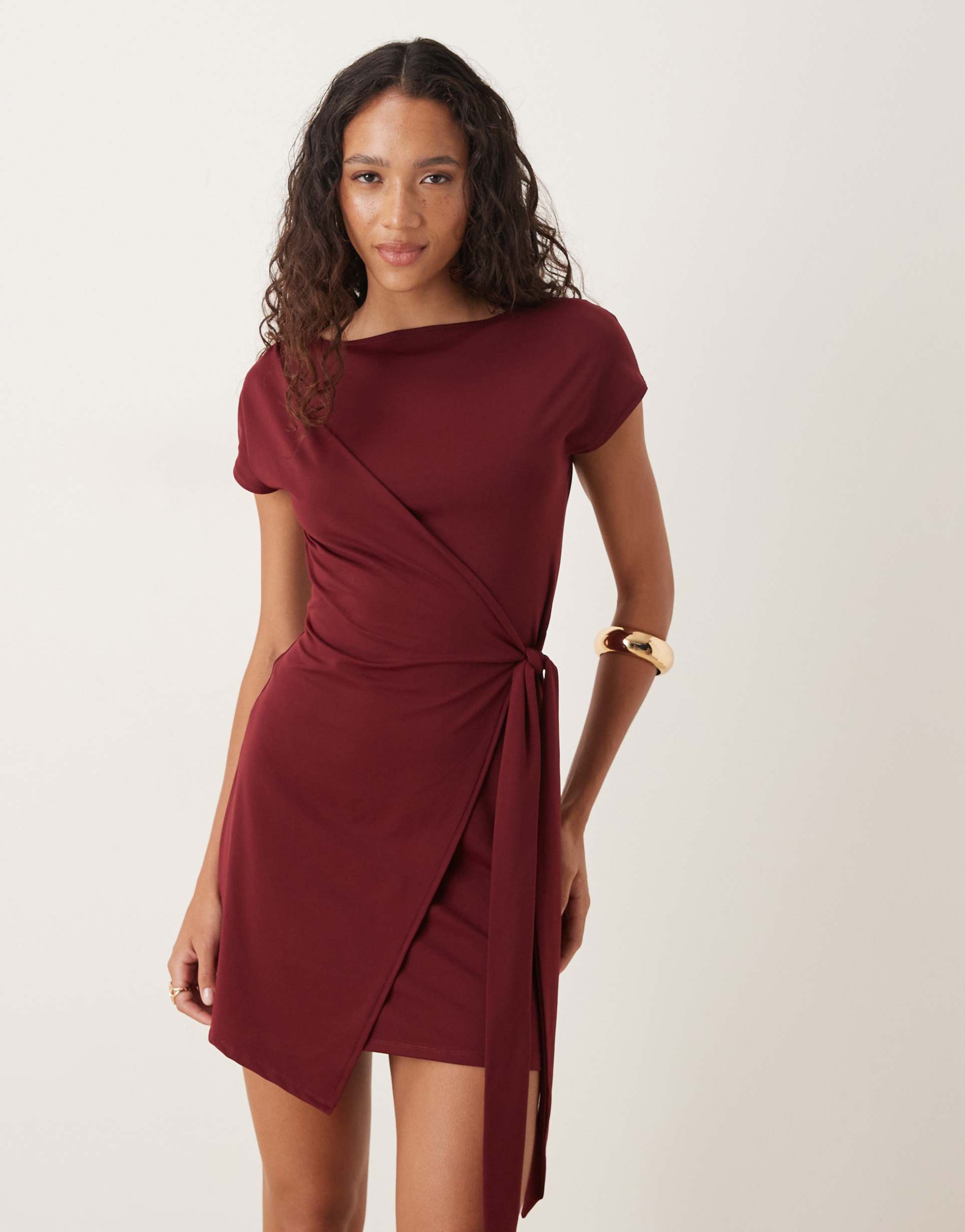 asos design cap sleeve tie wrap front mini dress in burgundy