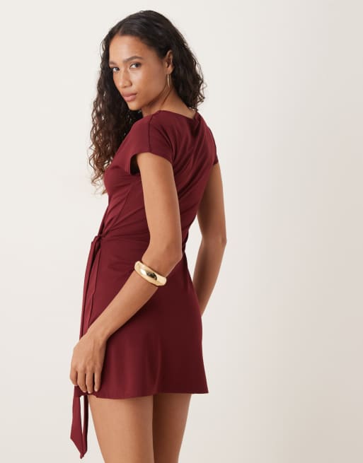 ASOS DESIGN cap sleeve tie wrap front mini dress in burgundy
