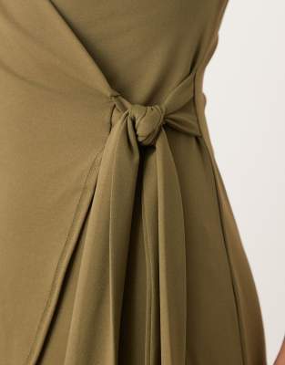 Asos Design Cap Sleeve Tie Wrap Front Mini Dress In Green
